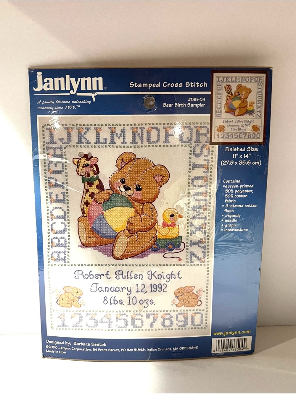 Janlynn BEAR BIRTH SAMPLER #135-0004 Stamped Cross Stitch Kit Teddy New Sealed